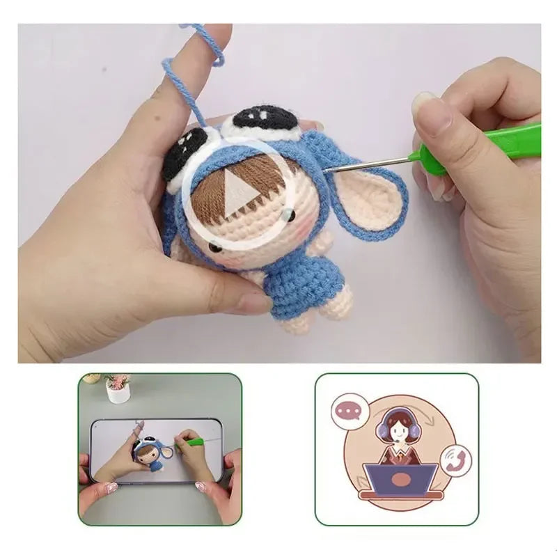 A hand holds a crocheted blue and white animal doll, demonstrating the product for a DIY kit.