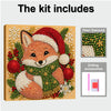 A kit for pearl diamond painting featuring a fox in a Christmas outfit, including various beads and drilling accessories.