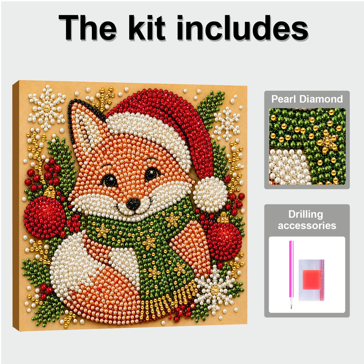 A kit for pearl diamond painting featuring a fox in a Christmas outfit, including various beads and drilling accessories.