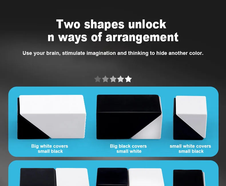 Geometric block puzzle showing various color combinations like white and black blocks.