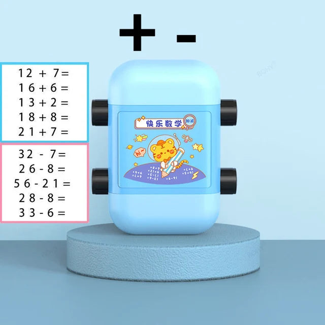 A light blue 2-in-1 math roller stamp device with multiple addition and subtraction problems displayed on its surface.