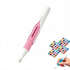 A pink and white diamond painting pen with an automatic bead dispenser is shown being held by a hand.