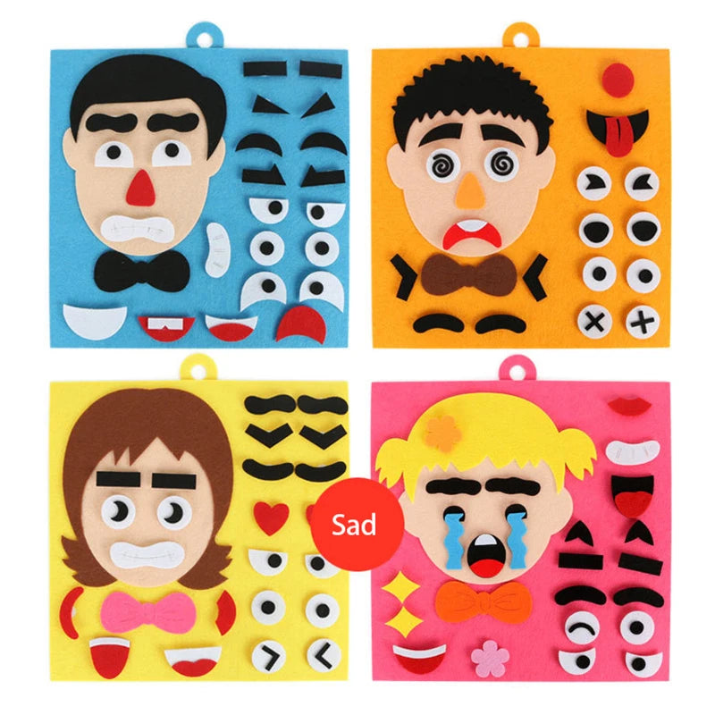 Four puzzles showing different facial expressions like angry, surprised, sad, and crying faces for children