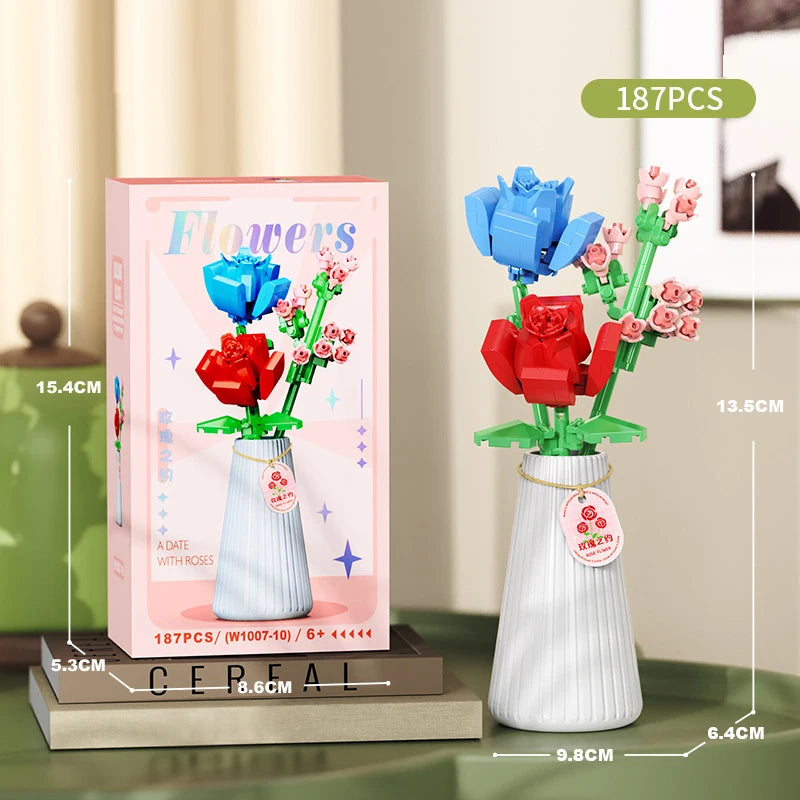 A set of 187 flower bouquet building blocks with a vase featuring red roses and pink flowers for DIY home decor