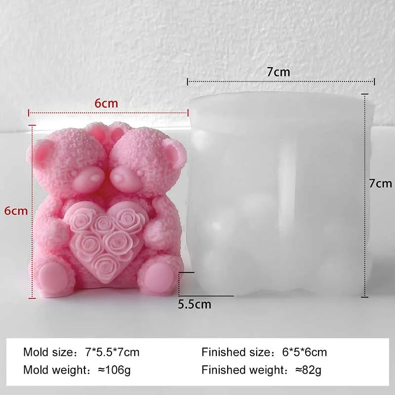 A pink silicone mold shaped like a bear with a heart detail next to its finished product.