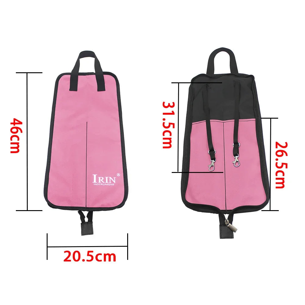 Pink and black drumstick carrier bag with handles and strap for carrying instruments