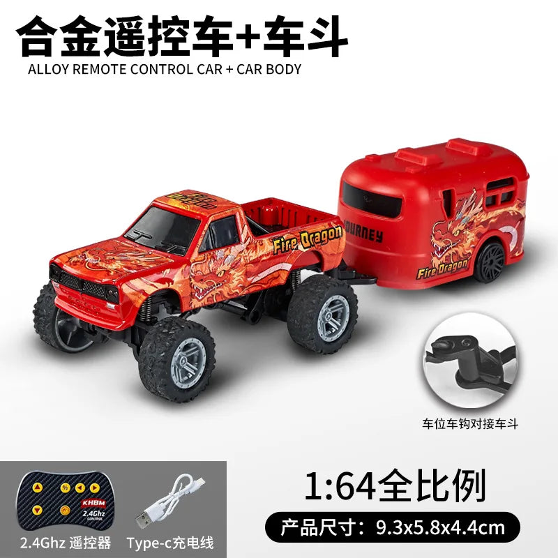 A red 1:64 scale alloy remote control monster truck with a fire dragon theme and car body.