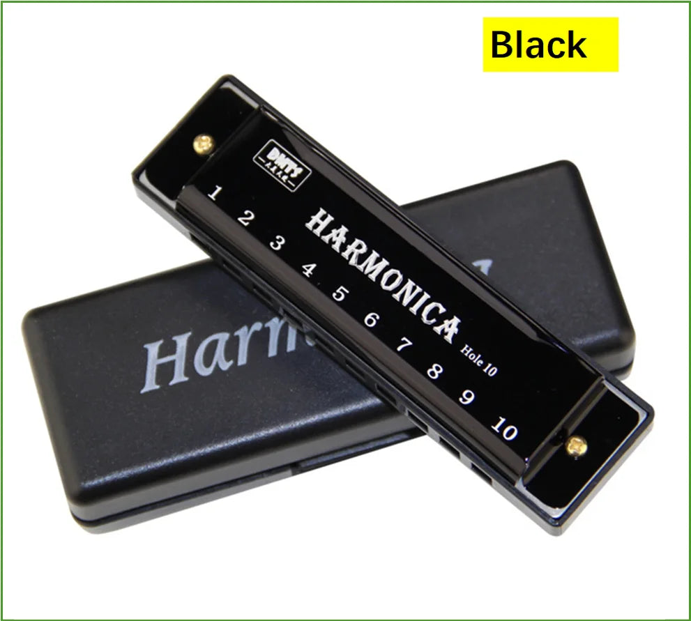A black harmonica is shown with its protective case, displaying the hole numbers 1 through 10.