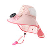 Pink solar-powered cooling sun hat with a mesh visor and a flexible USB charging fan.