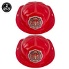 A red firefighter helmet for kids with a circular emblem featuring the words Fire Courage and Rescue.