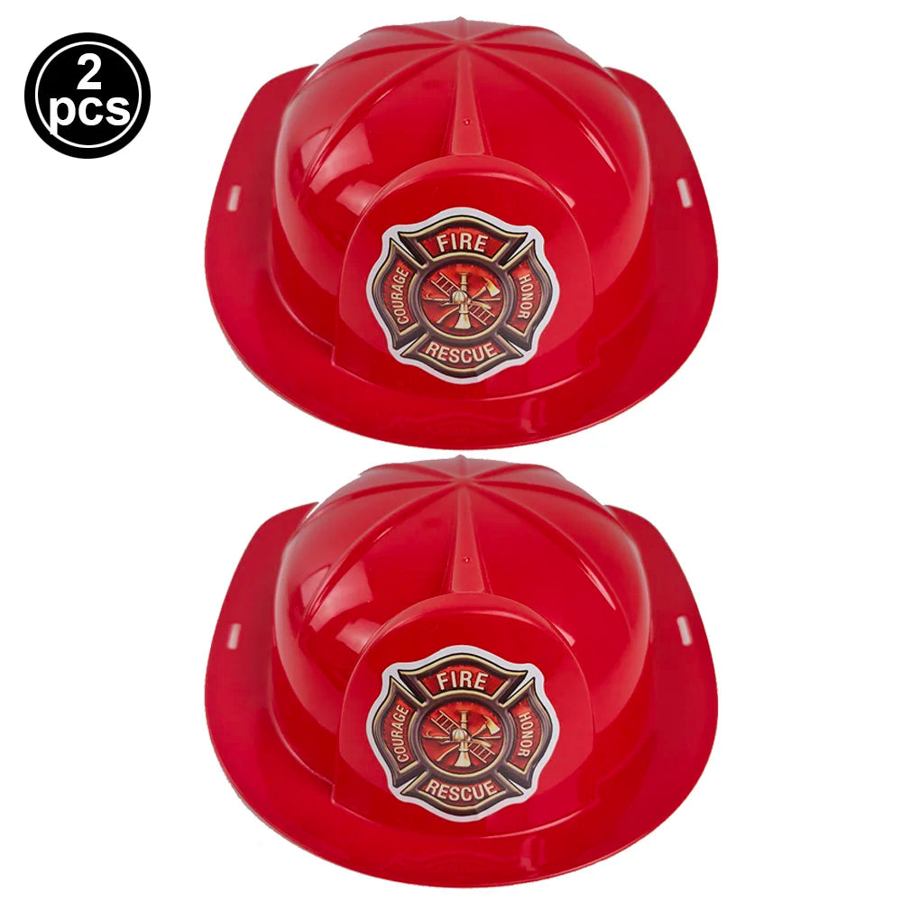 A red firefighter helmet for kids with a circular emblem featuring the words Fire Courage and Rescue.