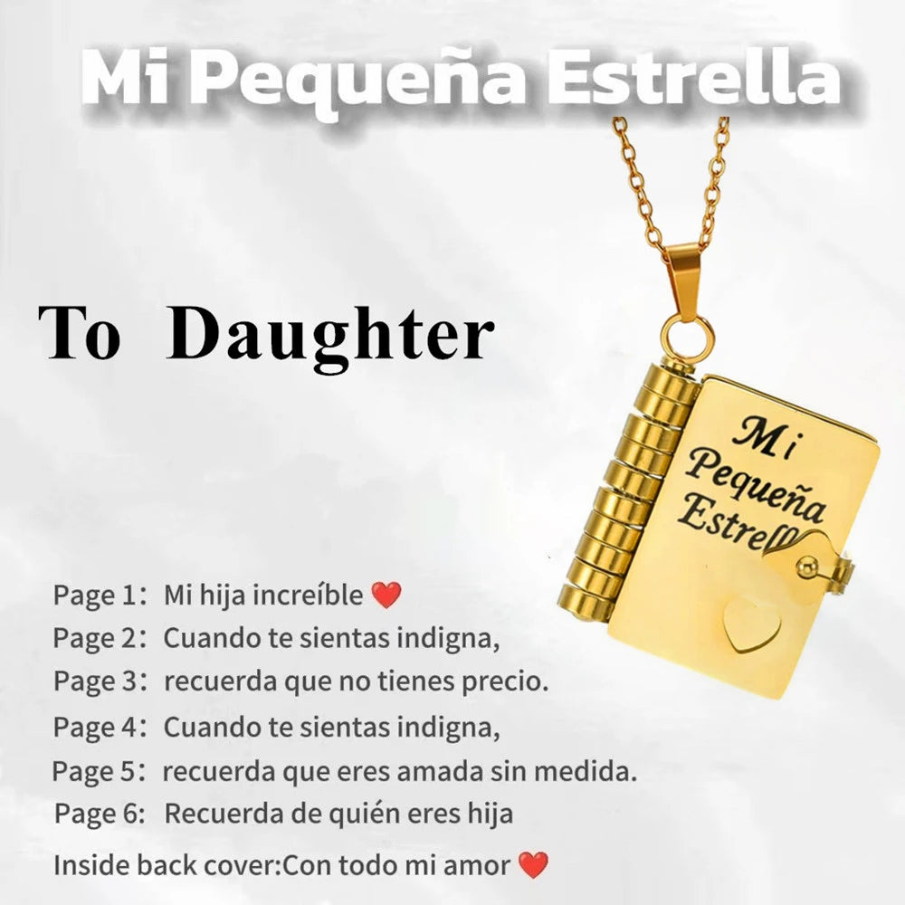 Gold pendant necklace with engraved text for a daughter, featuring a book-shaped charm.