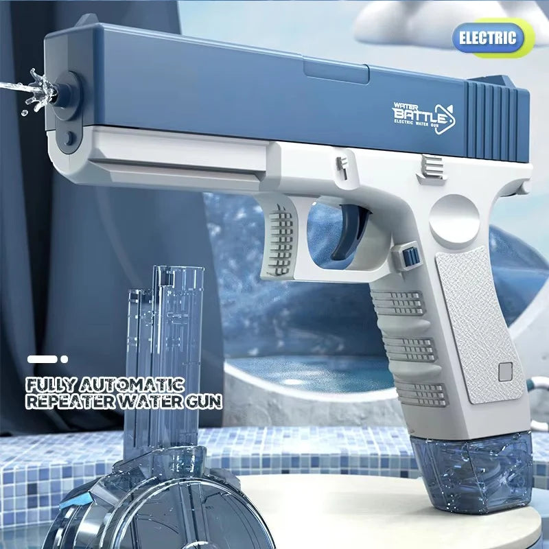 A light blue electric water blaster gun is shown next to a clear water bottle, ready for use.