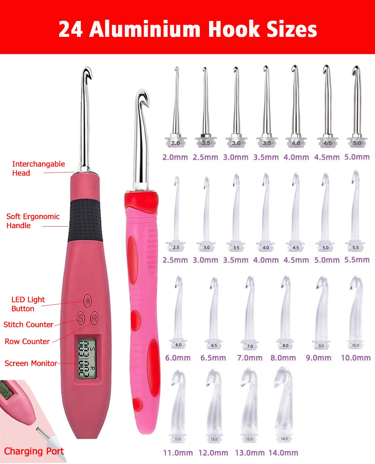 Ergonomic Crochet Hook Set with LED Light and Digital Row Counter