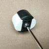 A black dual-sided bass drum pedal beater with white felt and rubber heads mounted on a metal rod.