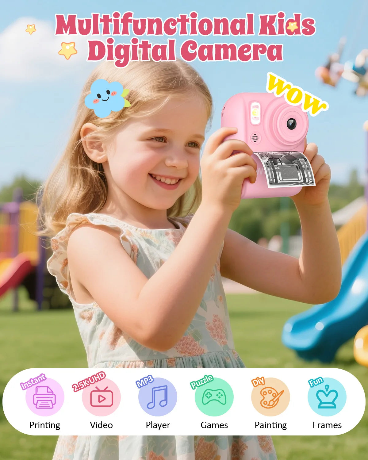 A smiling girl holds a pink multifunctional kids digital camera capable of printing photos, video, music, puzzles, and games.