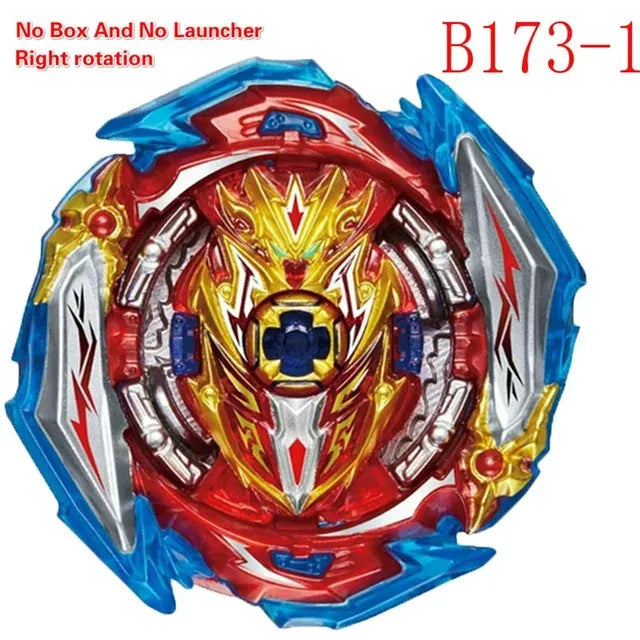 Rotes und blaues drehendes Metall-Gyroskopspielzeug mit Launcher, das eine Drehung nach rechts zeigt.