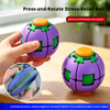 A hand holds a purple and green press-and-rotate stress relief ball with a spiral design.