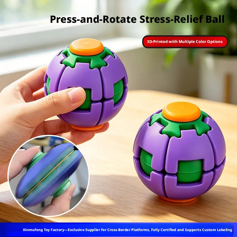 A hand holds a purple and green press-and-rotate stress relief ball with a spiral design.
