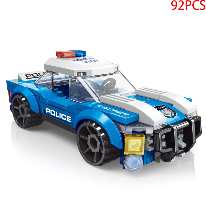 A blue police vehicle building block set with a white roof and emergency lights.