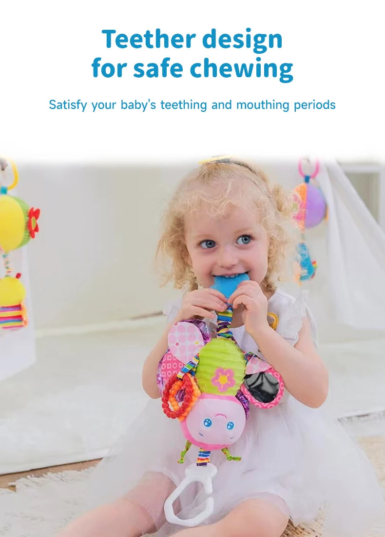 Soft Hanging Baby Rattle with Sensory Cartoon Plush Toy for Stroller and Crib