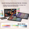 A set of 36 colored acrylic painting gel pens displayed with packaging and various colors laid out.