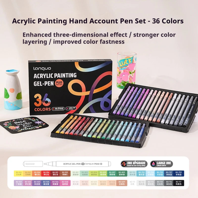 A set of 36 colored acrylic painting gel pens displayed with packaging and various colors laid out.