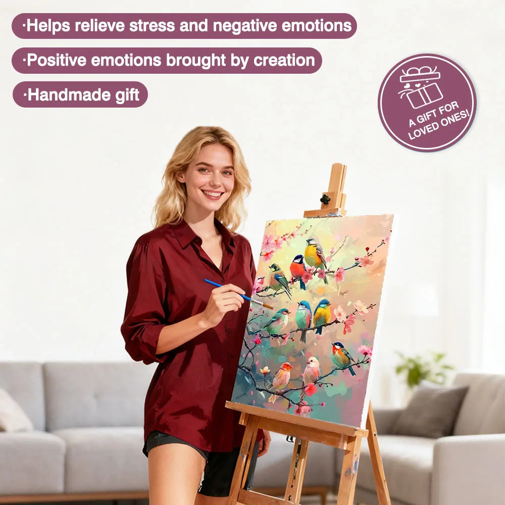 A woman holds a painting of birds and flowers on an easel, promoting stress relief and handmade gifts.