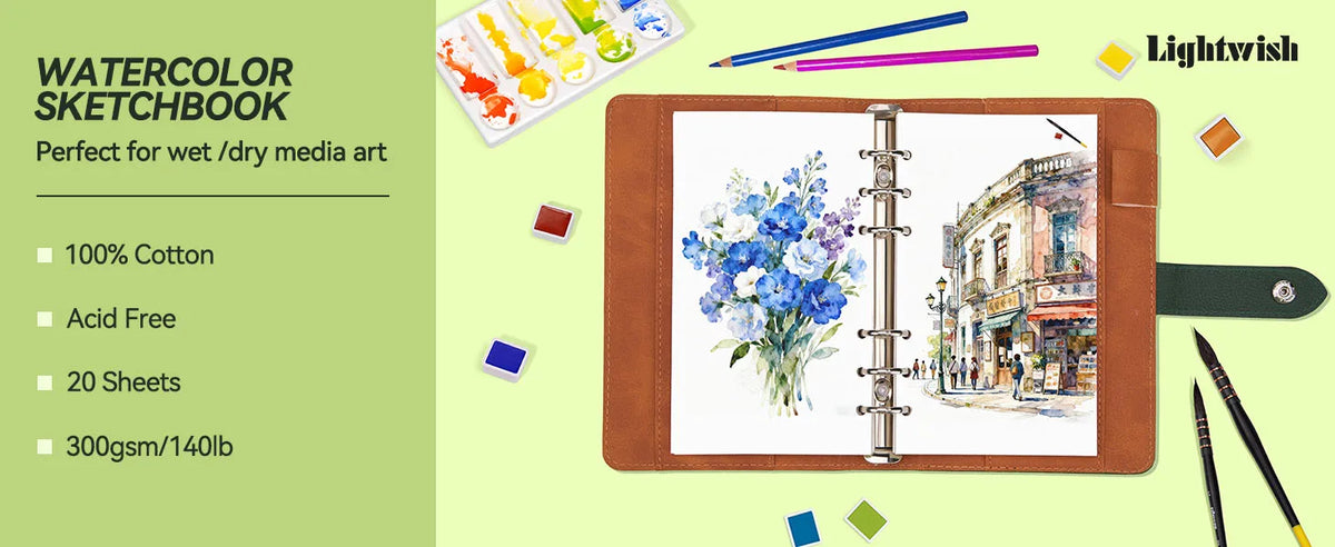 A brown watercolor sketchbook with a lay-flat binding is shown next to paintbrushes and watercolor palettes.