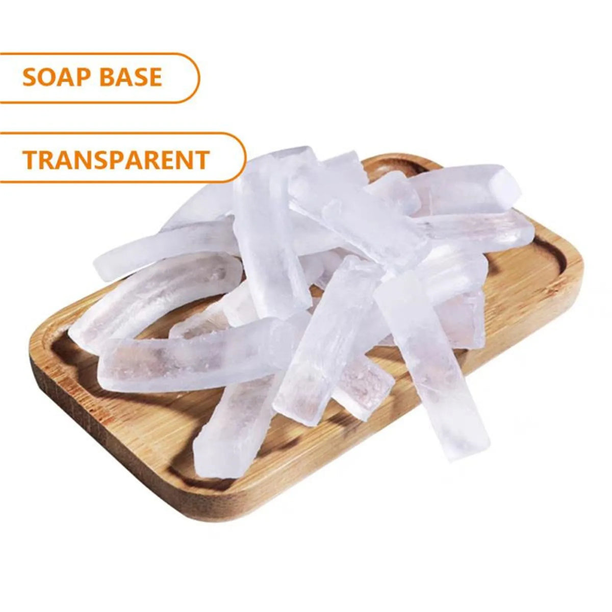 Clear, translucent soap base pieces arranged on a wooden board for DIY soap making