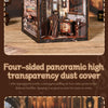 A four-sided panoramic high transparency dust cover of a vintage music room book nook kit with LED lighting.