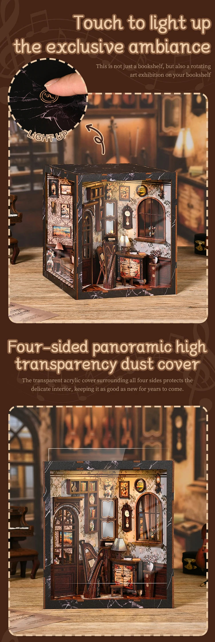 A four-sided panoramic high transparency dust cover of a vintage music room book nook kit with LED lighting.