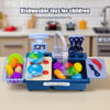A blue electric kids kitchen sink toy set with running water and play food for children.