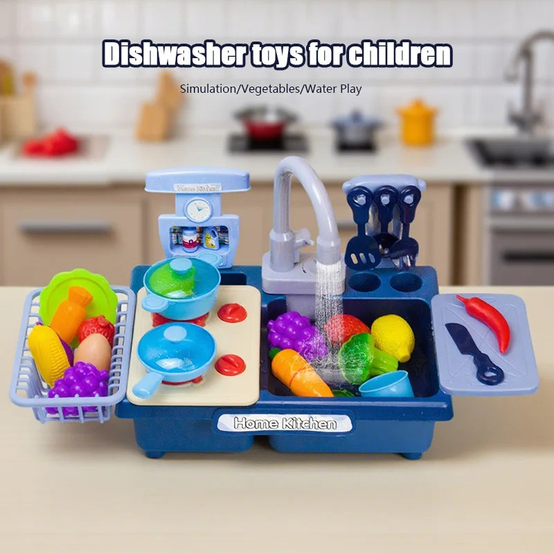 A blue electric kids kitchen sink toy set with running water and play food for children.