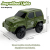 A green plastic jeep toy car with no lights, measuring 5cm long and 1.97in tall.