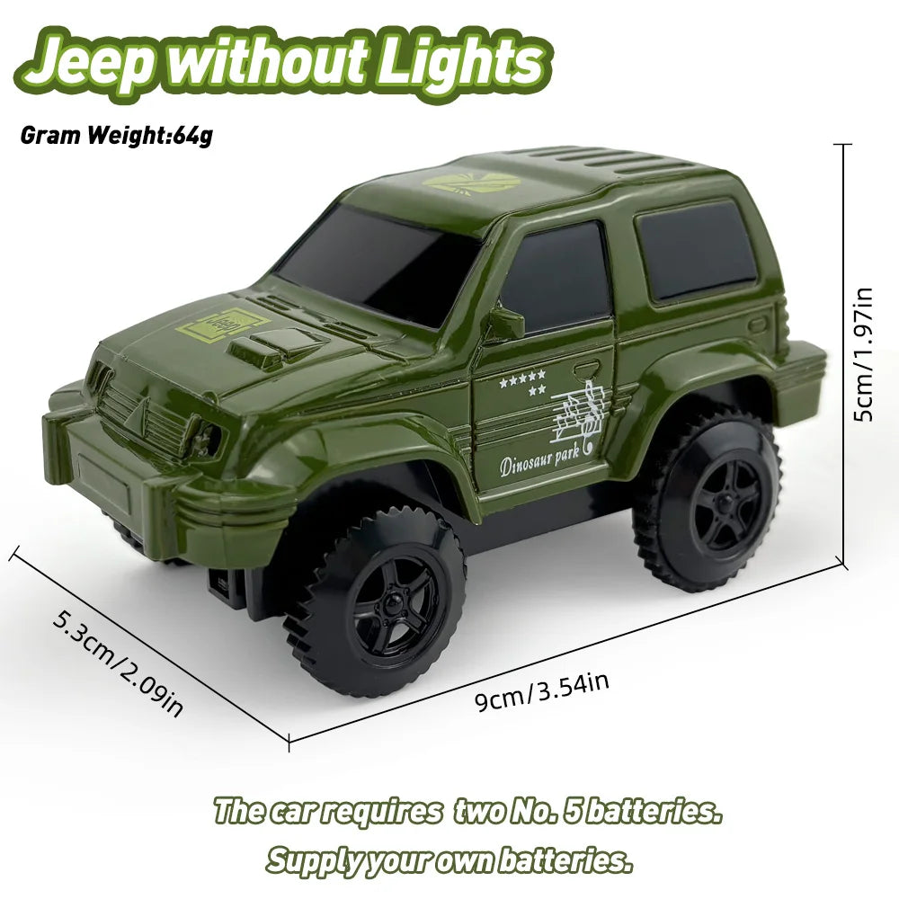 A green plastic jeep toy car with no lights, measuring 5cm long and 1.97in tall.
