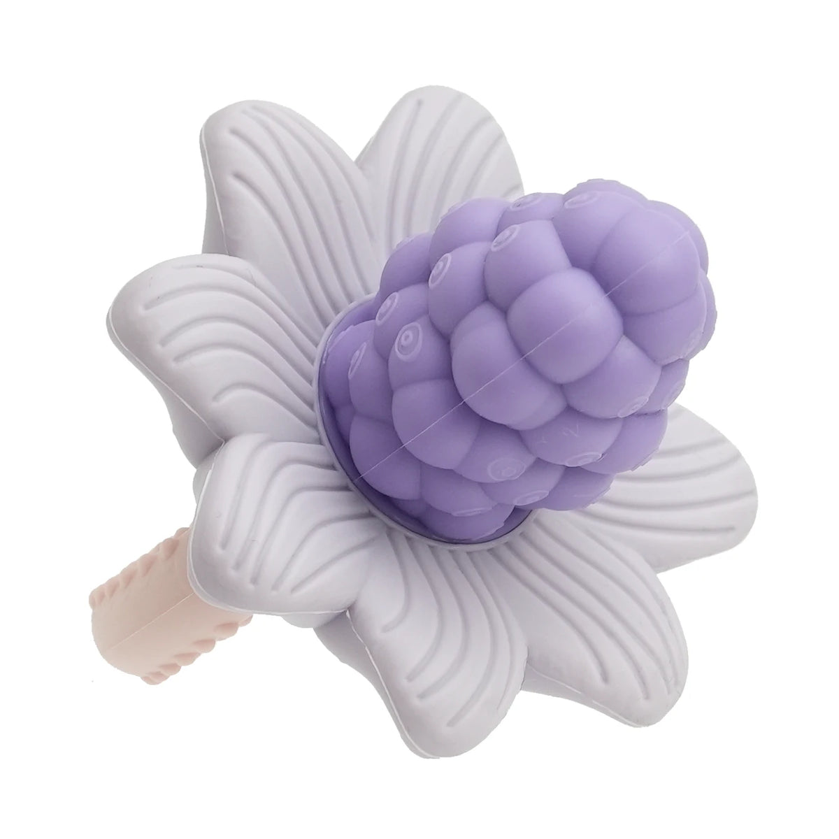 Silicone teething toys shaped like a flower and a grape in light purple and white.