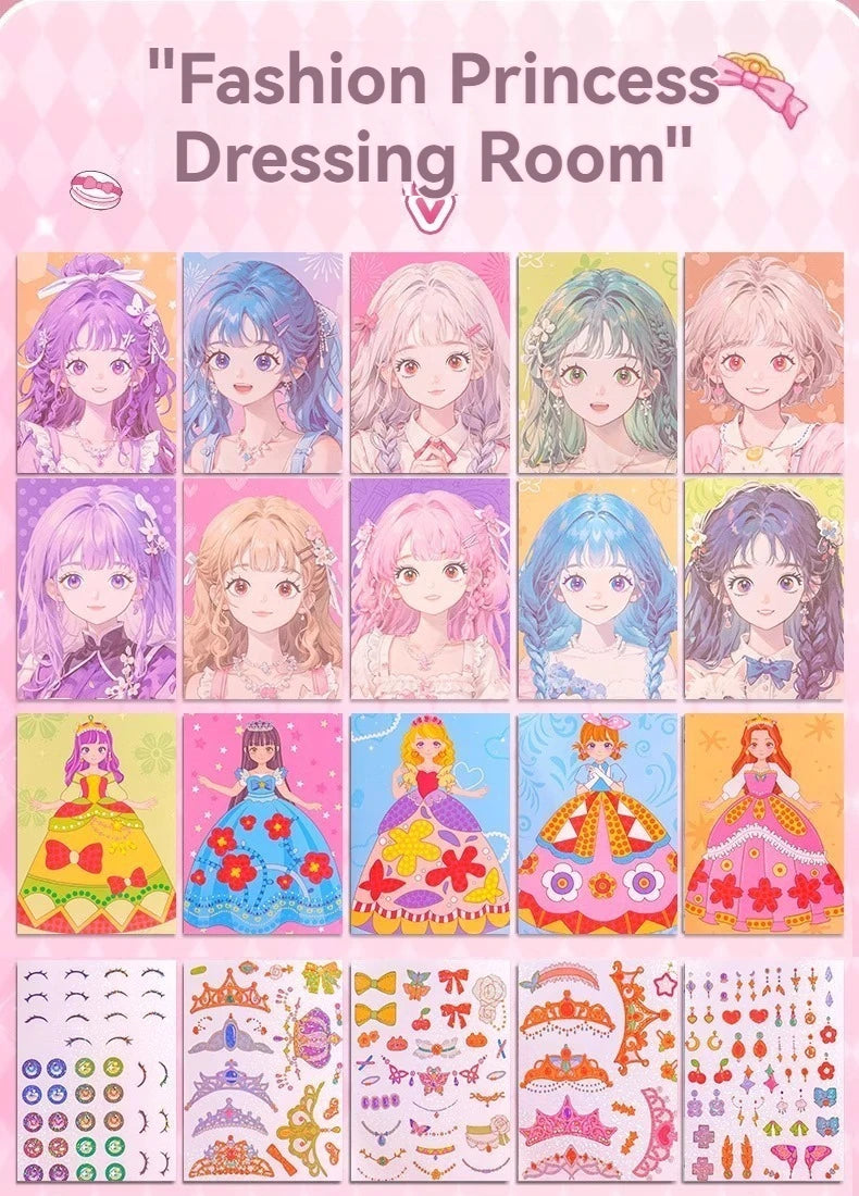 A collection of paper craft kits featuring various princesses, including diamond painting and sticker book elements.