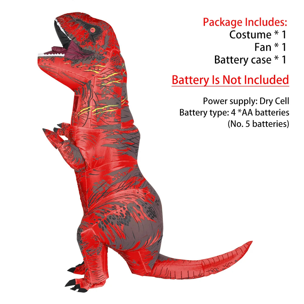 Red inflatable T-Rex costume for adults shown in a standing pose.
