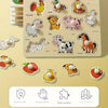 A wooden shape matching puzzle board featuring various farm animals like a rooster, duck, pig, cow, horse, and sheep.