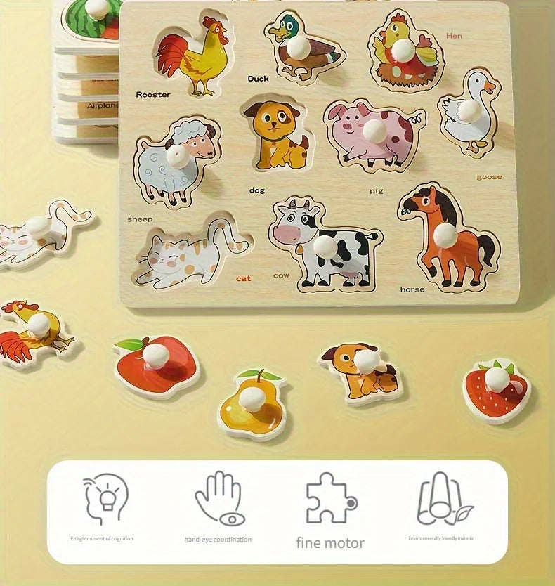 A wooden shape matching puzzle board featuring various farm animals like a rooster, duck, pig, cow, horse, and sheep.