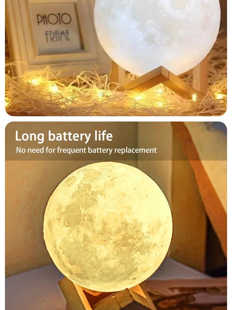 A glowing moon-shaped night light featuring a cartoon duck design, used as a decorative item.