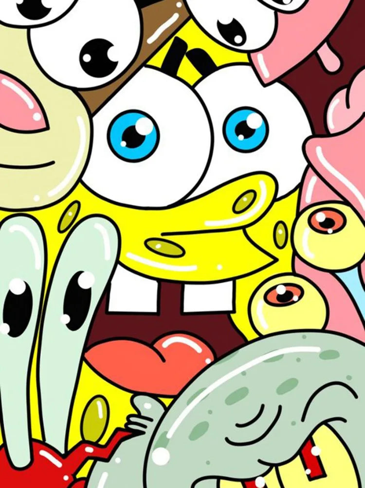 A close-up of cartoon eyes and a character face from SpongeBob SquarePants used as a diamond painting kit example.
