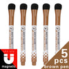 Five brown dry-erase markers with black tips and white cardboard bodies for a whiteboard set