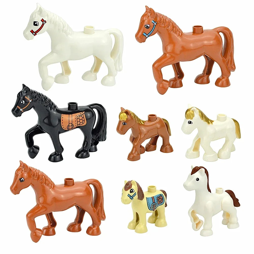 A collection of various animal figures made from large building blocks in white, brown, and black colors.