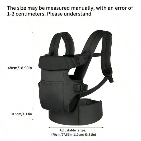Black adjustable front and back baby carrier shown with dimensions.