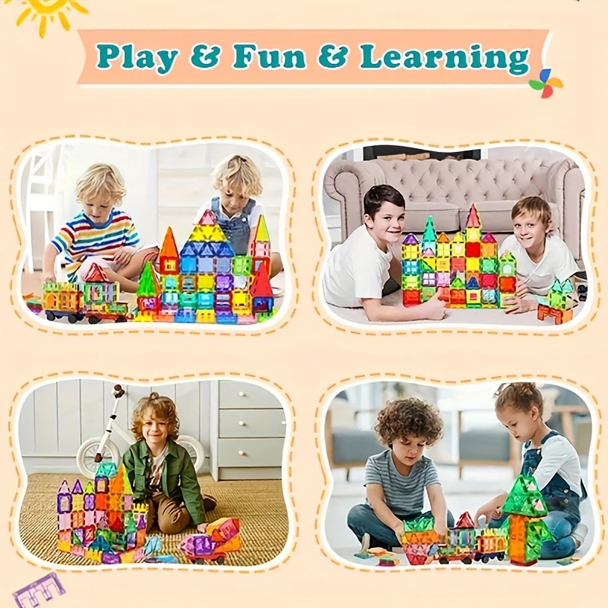 Children playing with colorful magnetic building blocks and dinosaur animal figures for fun and learning