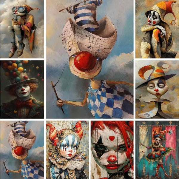 Colección de pinturas al óleo y arte con rostros de payasos, máscaras y expresiones coloridas.