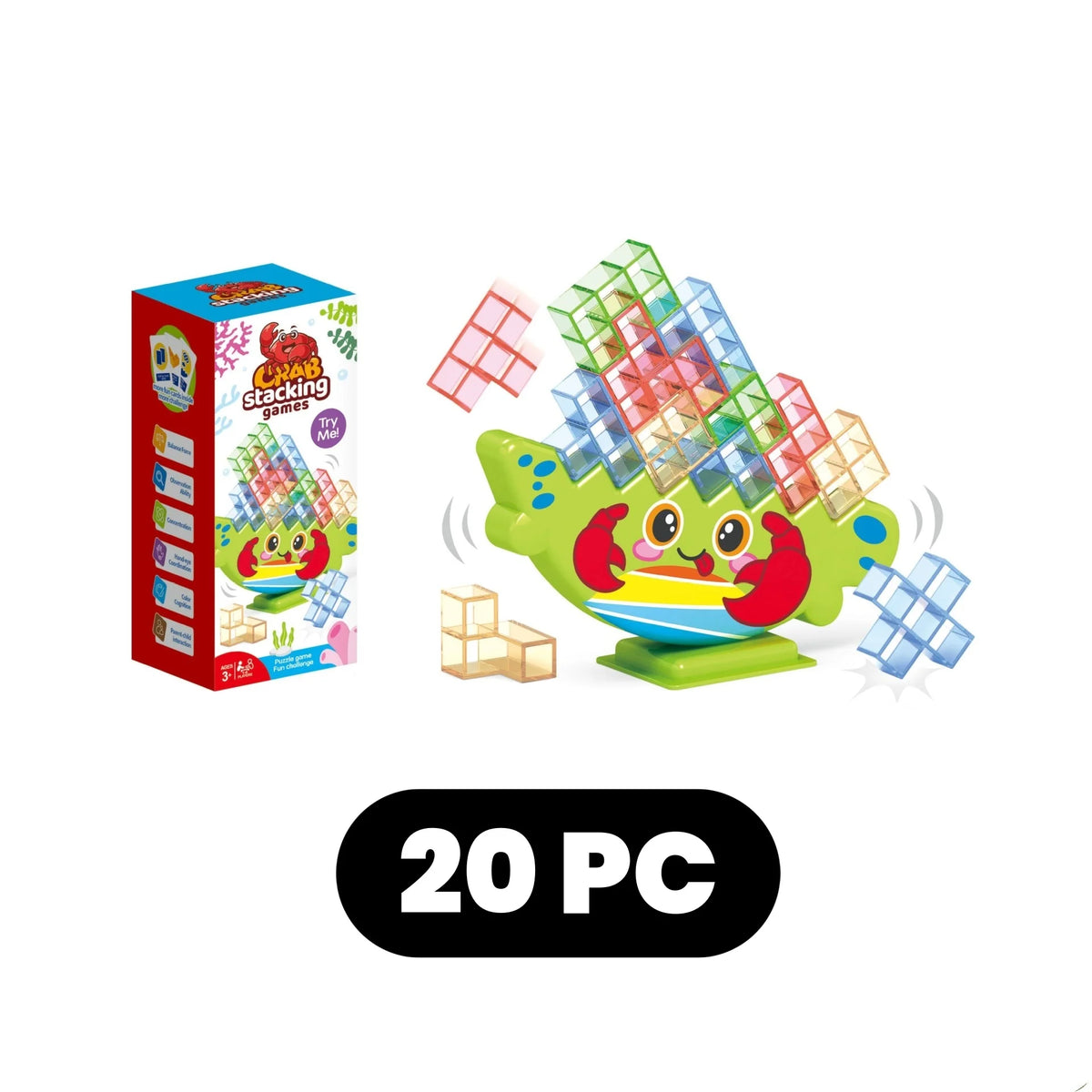 A box of Stacking Dinosaur Building Blocks set with colorful plastic blocks and a green dinosaur figure.
