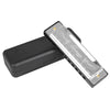 A black case holding a silver 10-hole harmonica for beginners.